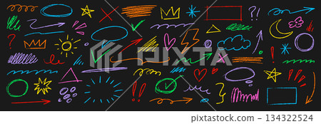 Pencil color crayon line element set. Hand drawn scribble chalk pencil stroke colorful swirl, flower, cloud and arrow shape with crayon rough texture. Children paint background. Vector 134322524