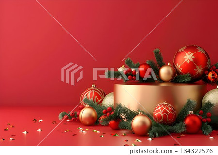 empty Merry Christmas banner with cylindrical podium red background with golden ornaments 134322576