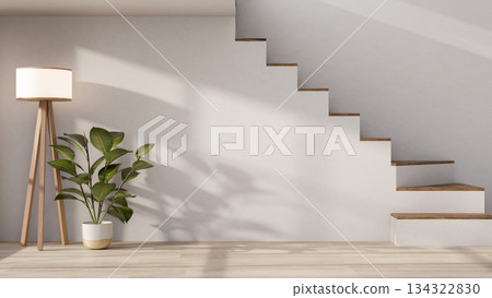 High floor lamp and potted plant with sunlight shining on white stairs wall and wooden parquet floor High floor lamp and potted plant with sunlight shining on white stairs wall and wooden parquet floor 134322830