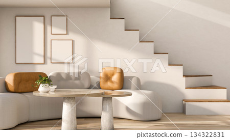 Sofa couch and table aside staircase with sunlight shining on white wall and wooden parquet floor. Sofa couch and table aside staircase with sunlight shining on white wall and wooden parquet floor. 134322831