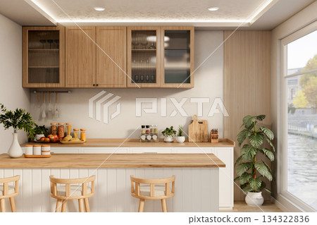 Wooden stool chairs and dining table with cooking counter and cupboard aside glass window in kitchen Wooden stool chairs and dining table with cooking counter and cupboard aside glass window in kitchen 134322836
