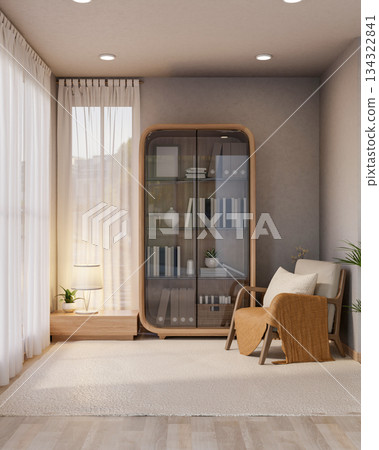 Wooden chair with cushion and glass cabinet bookshelf on carpet over wooden parquet floor aside window. Wooden chair with cushion and glass cabinet bookshelf on carpet over wooden parquet floor aside window. 134322841
