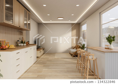 Wooden stool chairs and dining table across kitchen counter aside sofa and TV in a room corner. Wooden stool chairs and dining table across kitchen counter aside sofa and TV in a room corner. 134322846