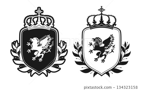 Coat of arms with noble griffin eagle shield crown Heraldic crest set vintage vector illustration Coat of arms with noble griffin eagle shield crown Heraldic crest set vintage vector illustration 134323158