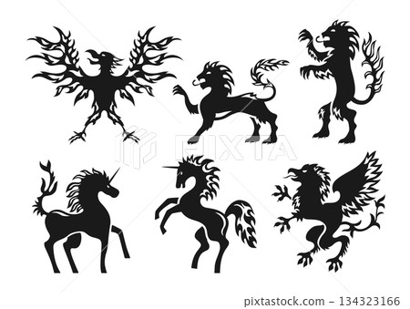 Heraldic animals coat of arms set heraldry crest elements mascots lion unicorn eagle graphic vector 134323166