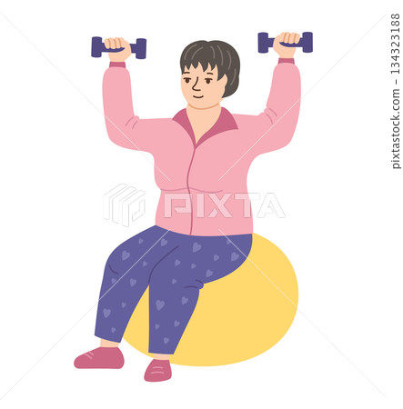 Elderly women doing sports exercises dumbbells fit ball exercise rehabilitation adult lady vector 134323188