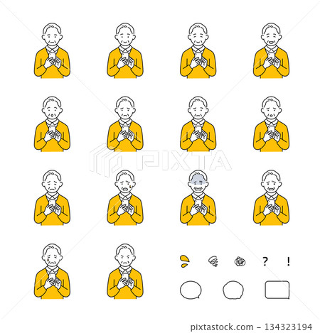 一群老年男性使用智慧型手機的臉部表情（包含喜悅、憤怒、悲傷、煩惱和圖標）黃色 134323194
