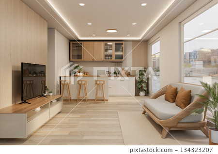 Wooden sofa across TV and kitchen counter with dining table and glass window in condo apartment room 134323207