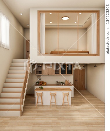 Two story modern room with glass wall bedroom over stair and kitchen counter on wooden parquet floor 134323208