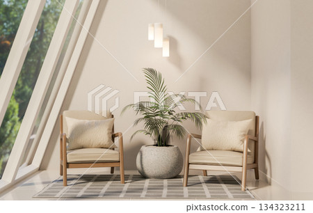 Wooden armchairs aside plant in stone pot and lamp with sunlight through sloped glass window in room Wooden armchairs aside plant in stone pot and lamp with sunlight through sloped glass window in room 134323211