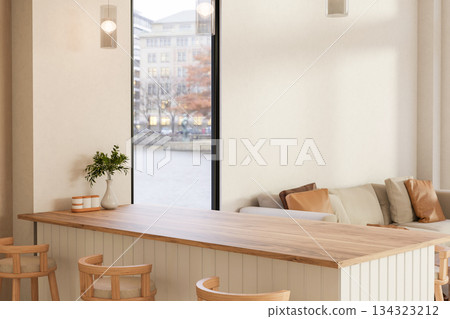 Vase and jar on wooden counter table with chairs aside glass door and sofa in a living room or cafe. Vase and jar on wooden counter table with chairs aside glass door and sofa in a living room or cafe. 134323212