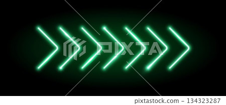 Green neon arrow element. Green glowing led direction sign. Shine tube lamps in arrowhead shape. Bright luminous fluorescent pointer effect for banner, poster, logo. Vector neon led light illustration Green neon arrow element. Green glowing led direction sign. Shine tube lamps in arrowhead shape. Bright luminous fluorescent pointer effect for banner, poster, logo. Vector neon led light illustration 134323287