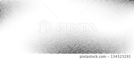 Halftone grainy noise gradient texture. Black and white fading sandy grit wallpaper. Aged grunge pixelated backdrop. Vector rasterized dotted dirt background. Anime or manga style comic overlay cover 134323291