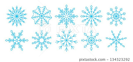 Light blue linear snowflakes collection. Simple snow flake icon set for Christmas and Happy New Year decor, winter holiday decoration, greeting card, logo design elements. Vector illustration pack Light blue linear snowflakes collection. Simple snow flake icon set for Christmas and Happy New Year decor, winter holiday decoration, greeting card, logo design elements. Vector illustration pack 134323292