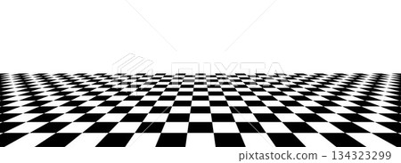 Black and white checkerboard floor in perspective. Fading checkered tile pattern background. Retro horizontal chess board grid plane surface. Vintage empty room stage checker floor 134323299