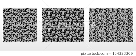 Geometric floral set of seamless patterns. Gray and black vector backgrounds. Damask graphic ornaments 134323309
