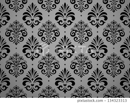 Wallpaper in the style of Baroque. Gray and black floral ornament. Seamless vector background. Graphic pattern for fabric, wallpaper, packaging. Ornate Damask flower illustration 134323313