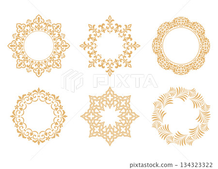 Set of decorative frames Elegant vector element for design in Eastern style, place for text. Floral golden and white borders. Lace illustration for invitations and greeting cards 134323322