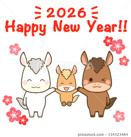 三匹友善的馬兒慶祝馬年。 三匹友善的馬兒慶祝馬年。 134323464