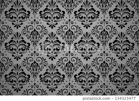 Wallpaper in the style of Baroque. White and black floral ornament. Seamless vector background. Graphic pattern for fabric, wallpaper, packaging. Ornate Damask flower illustration. 134323477