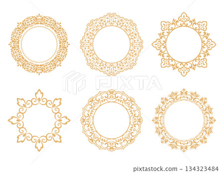 Set of decorative frames Elegant vector element for design in Eastern style, place for text. Floral golden and white borders. Lace illustration for invitations and greeting cards Set of decorative frames Elegant vector element for design in Eastern style, place for text. Floral golden and white borders. Lace illustration for invitations and greeting cards 134323484