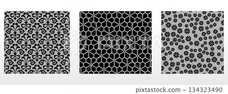 Geometric floral set of seamless patterns. Gray and black vector backgrounds. Damask graphic ornaments Geometric floral set of seamless patterns. Gray and black vector backgrounds. Damask graphic ornaments 134323490