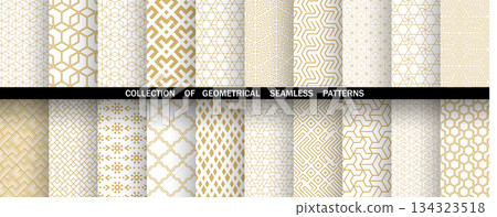 Geometric set of seamless golden and white patterns. Simple vector graphics 134323518