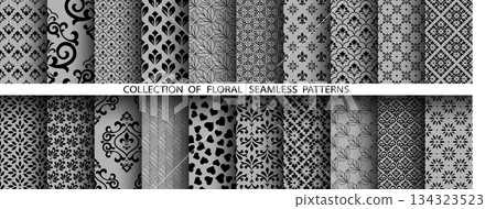 Geometric floral set of seamless patterns. Gray and black vector backgrounds. Damask graphic ornaments 134323523