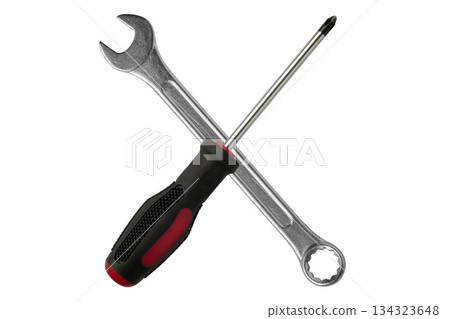 screwdriver and wrench isolated on white background close up 134323648