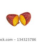 Abstract oil pastel illustration of two split Japanese Sweet Poteto with warm tones on a white background. Minimalist hand-drawn texture expressing growth, nourishment and natural balance. 134323786