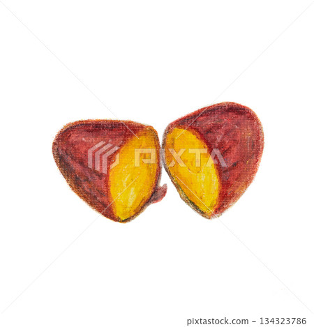 Abstract oil pastel illustration of two split Japanese Sweet Poteto with warm tones on a white background. Minimalist hand-drawn texture expressing growth, nourishment and natural balance. Abstract oil pastel illustration of two split Japanese Sweet Poteto with warm tones on a white background. Minimalist hand-drawn texture expressing growth, nourishment and natural balance. 134323786
