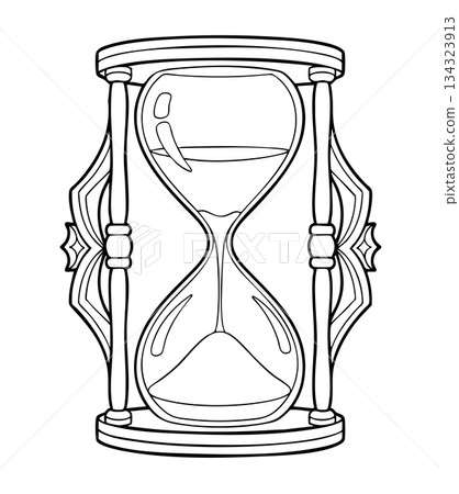 Vintage Hourglass Line Art Illustration With Flowing Sand And Ornate Frame 134323913