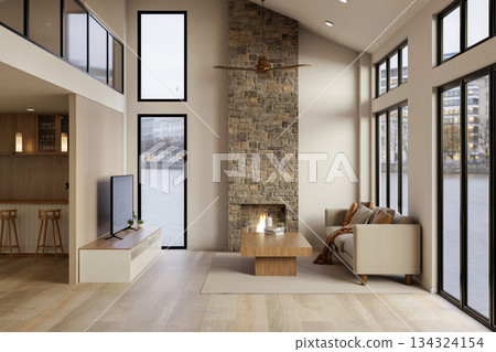 Sofa couch and table across TV aside bricks fireplace on wooden parquet floor in modern living room. 134324154