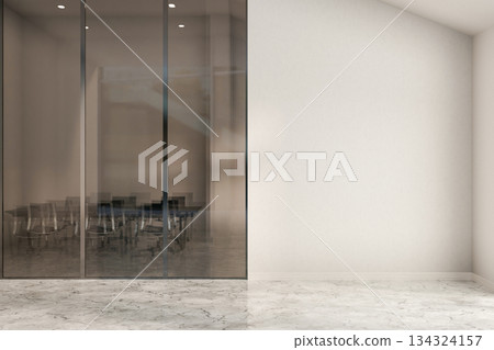 Marble floor corridor hallway outside glass and white wall of office meeting room in modern company 134324157