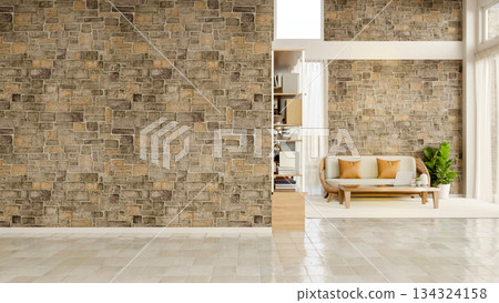 Brown bricks wall mural and shiny tiles floor in a modern house's living room or building's lounge. 134324158