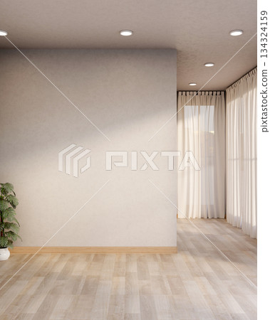 Houseplant pot aside white wall on wooden parquet floor corridor hallway and curtain covered window. 134324159