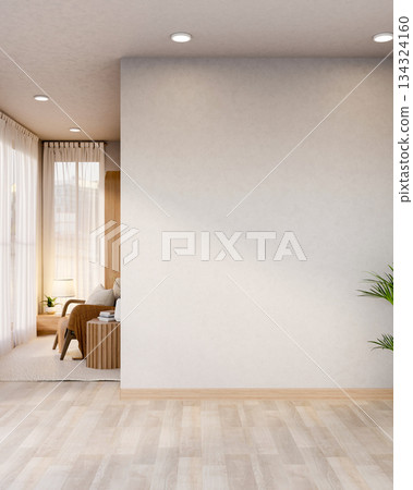 Empty white wall and wooden parquet floor corridor hallway aside a living room with sofa and windows 134324160