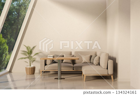 Sofa couch and table aside pot plant with sunlight through slope glass window on tiles floor in room 134324161