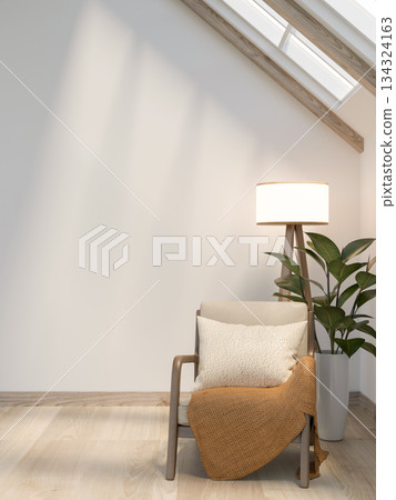 Wooden chair with lamp and pot plant on parquet floor and sunlight through roof window in white room Wooden chair with lamp and pot plant on parquet floor and sunlight through roof window in white room 134324163