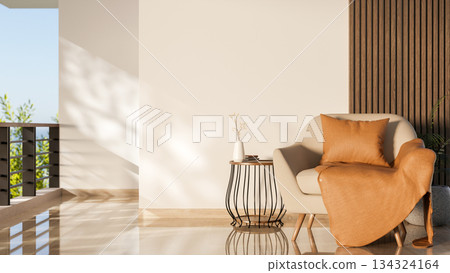 Sofa chair and side table on wooden parquet floor and sunlight through balcony terrace on white wall 134324164