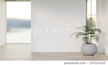 Houseplant in stone pot on wooden parquet floor and white wall with glass wall window in modern room Houseplant in stone pot on wooden parquet floor and white wall with glass wall window in modern room 134324165