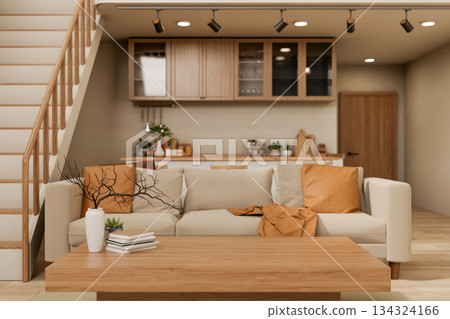 Wooden table and sofa couch across kitchen and dining room aside staircase in modern house apartment Wooden table and sofa couch across kitchen and dining room aside staircase in modern house apartment 134324166