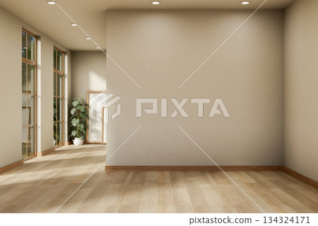 White wall and wooden parquet floor of corridor hallway with plant and frame aside window in corner White wall and wooden parquet floor of corridor hallway with plant and frame aside window in corner 134324171