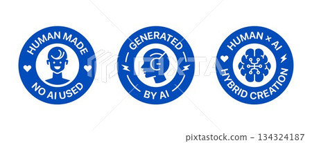 Badge set mix of No AI used, Generated by AI, and Human x AI sign, symbol and sticker labelling Badge set mix of No AI used, Generated by AI, and Human x AI sign, symbol and sticker labelling 134324187