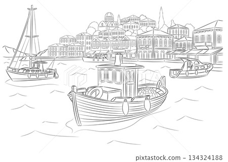 Black and white drawing of a fishing harbor on the Greek island of Symi isolated on a white background 134324188