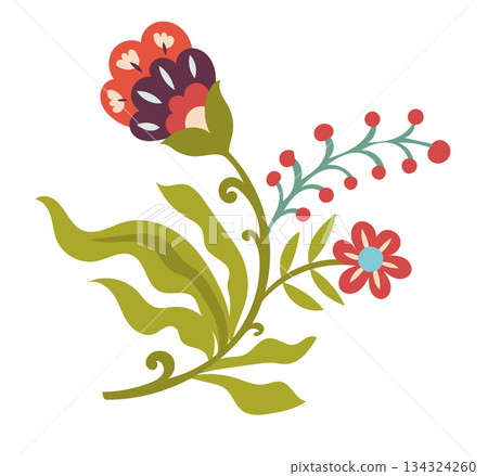 Folk Flower With Berries Branch Folk Flower With Berries Branch 134324260