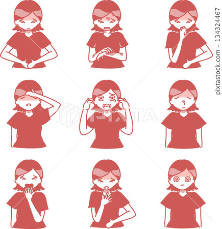 一幅描繪女性出現過敏症狀的單色插圖 一幅描繪女性出現過敏症狀的單色插圖 134324467