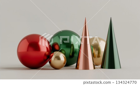 A collection of shiny, metallic Christmas ornaments, including a green cone 134324770