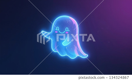 A cartoon ghost with a smile on its face is floating in a blue background A cartoon ghost with a smile on its face is floating in a blue background 134324867