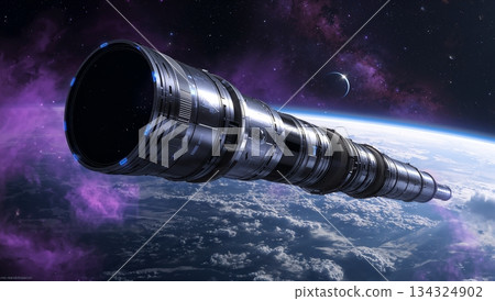 A space ship is flying through the sky with a long telescope on the front 134324902